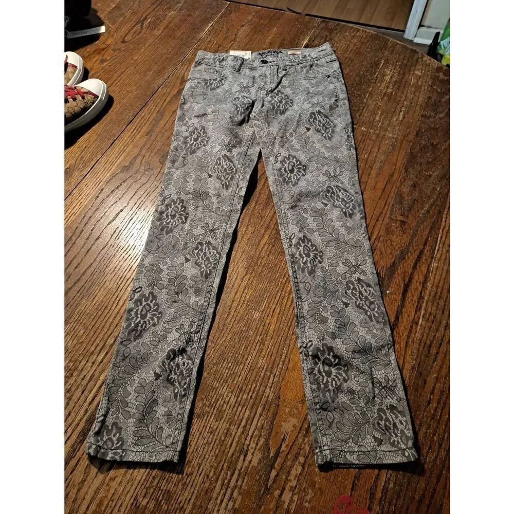 New Arizona Jeans Girls Gray Floral Skinny Pants Size10 Regular Adjustable Waist
